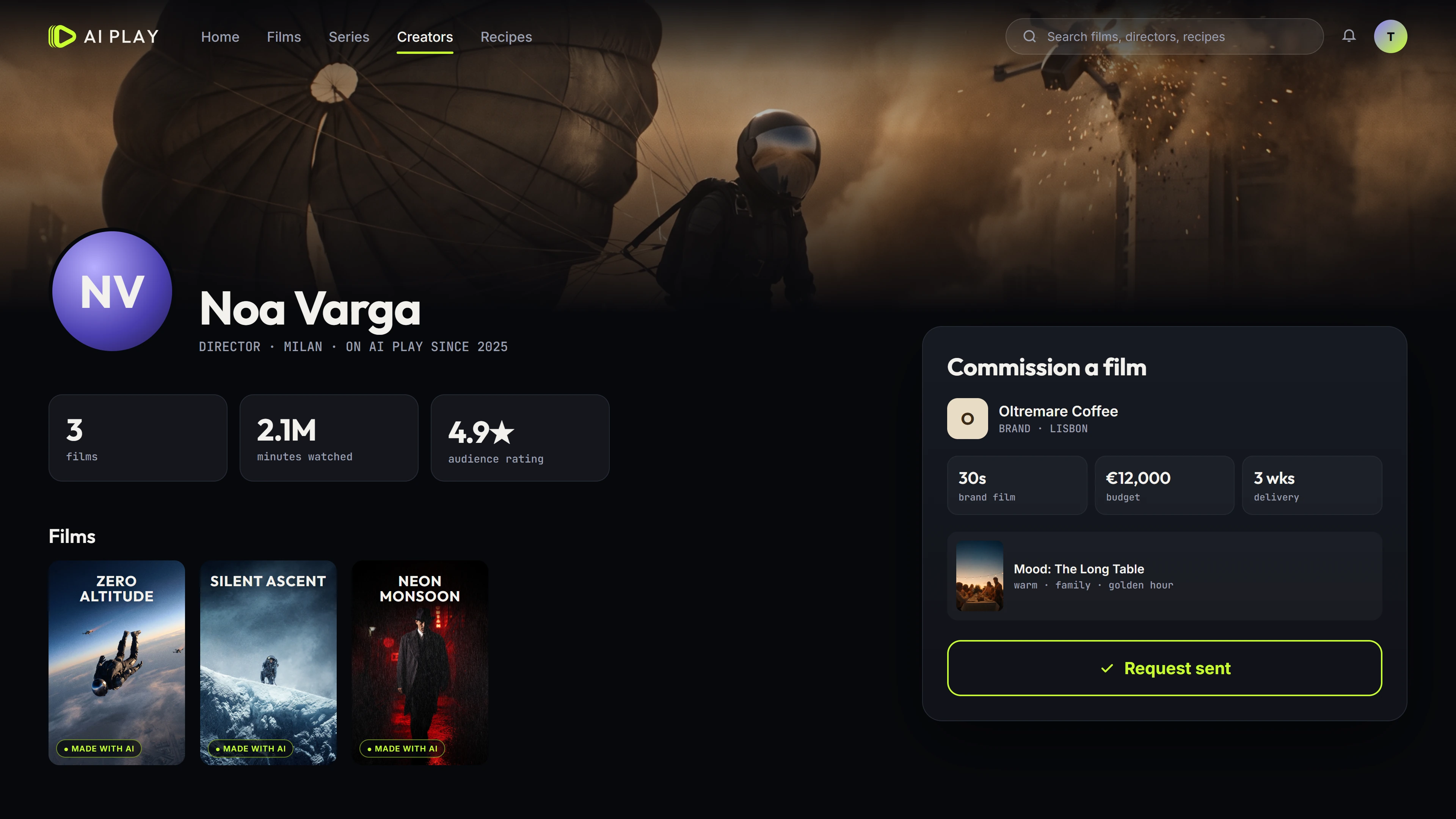 Schermata profilo del regista di AI Play